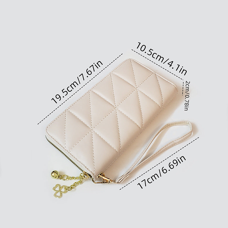 Brown-Checkered Women's Classic Quilted Long Wallet - Premium Diamond Stitch Zip Around Card Holder with Multiple Compartments
